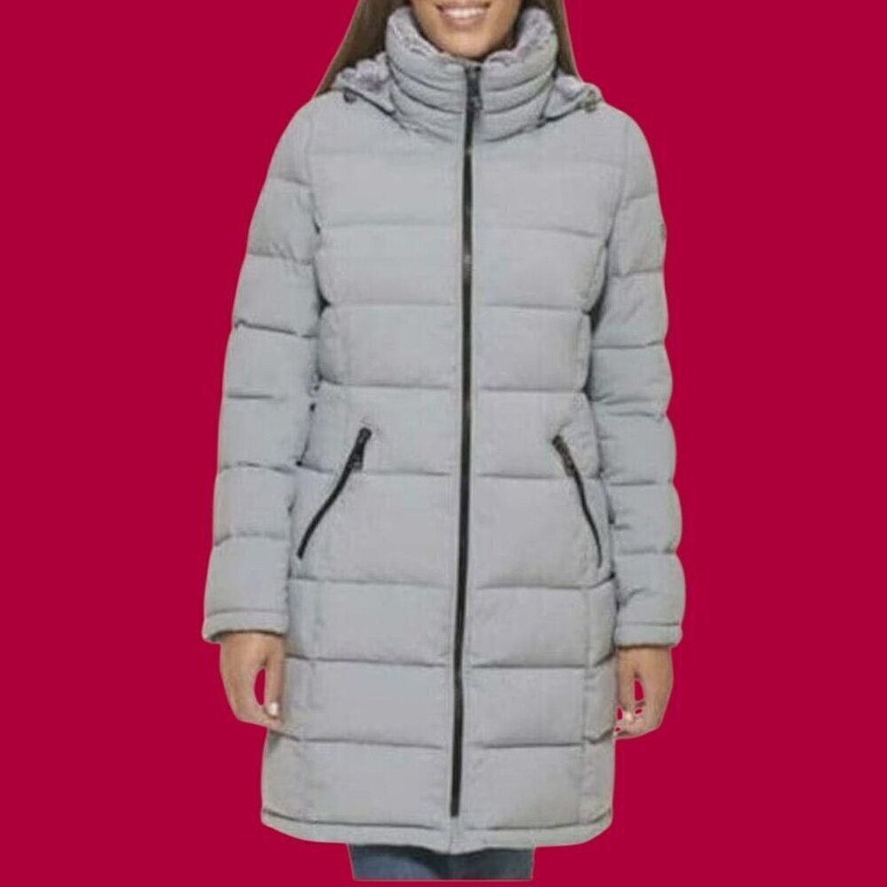 Andrew Marc Womens Parka Jacket Fur Lined Hood Jacket Zip Pockets Silver Xlarge